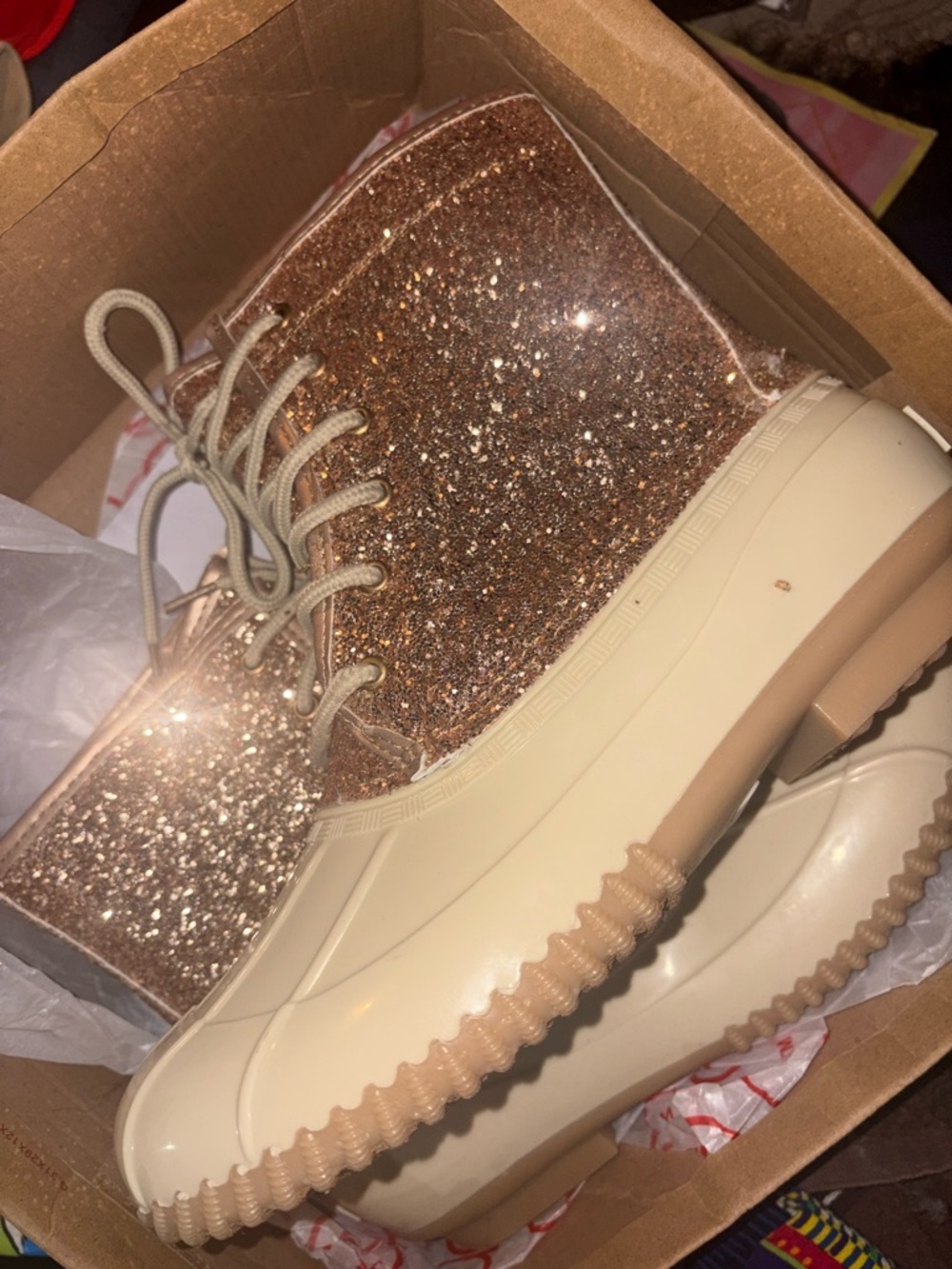 Sugar Glitter Lace-Up Duck Boots in Rose Gold and Cream